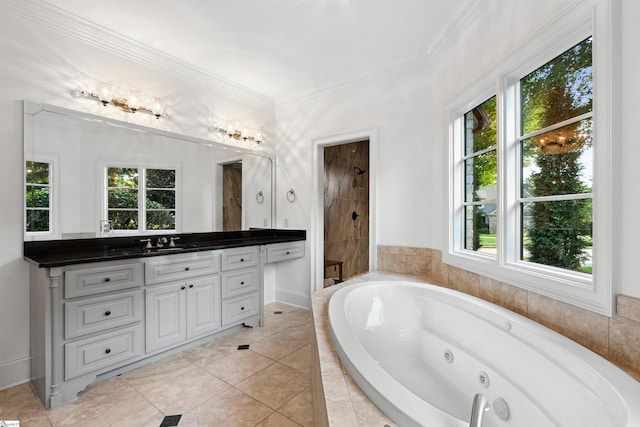 601 Brixton Cir, Simpsonville, SC 29681 - full bath featuring a tub with jets, vanity, a stall shower, ornamental molding, and tile patterned flooring