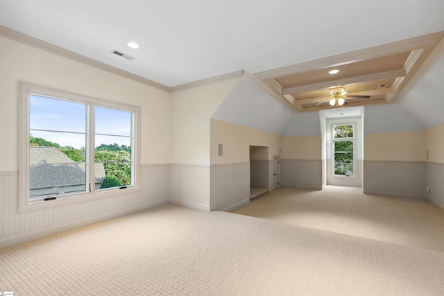 601 Brixton Cir, Simpsonville, SC 29681 - additional living space featuring wainscoting, carpet flooring, a ceiling fan, recessed lighting, and lofted ceiling