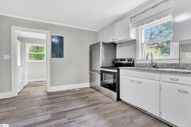 503 Davidson St, Clinton, SC 29325 - kitchen featuring appliances with stainless steel finishes, electric panel, ornamental molding, washer and clothes dryer, and white cabinets