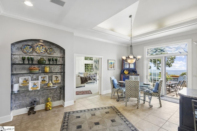 33 Southview Ledge Rd, Landrum, SC 29356 - dining room featuring light tile patterned floors, crown molding, baseboards, recessed lighting, and a raised ceiling