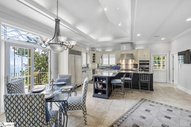 33 Southview Ledge Rd, Landrum, SC 29356 - dining area with light tile patterned floors, plenty of natural light, a chandelier, recessed lighting, and ornamental molding