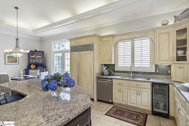 33 Southview Ledge Rd, Landrum, SC 29356 - kitchen featuring stainless steel dishwasher, wine cooler, a sink, cream cabinetry, and crown molding