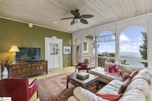 33 Southview Ledge Rd, Landrum, SC 29356 - tiled living room with wood ceiling, ceiling fan, and a water view