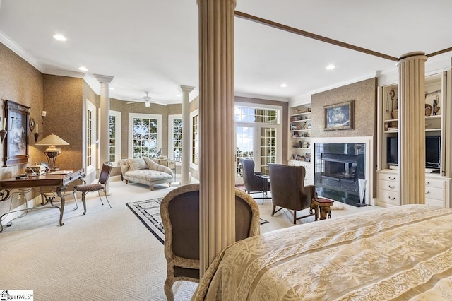 33 Southview Ledge Rd, Landrum, SC 29356 - carpeted bedroom featuring decorative columns, ornamental molding, a fireplace, and recessed lighting