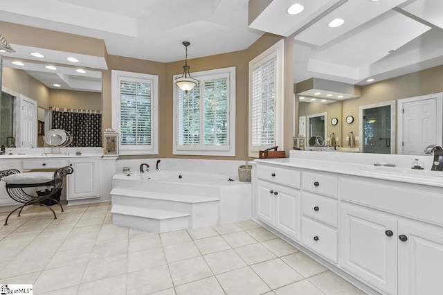 33 Southview Ledge Rd, Landrum, SC 29356 - full bath featuring a stall shower, a bath, vanity, tile patterned flooring, and a tray ceiling