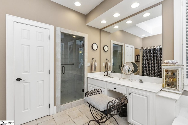 33 Southview Ledge Rd, Landrum, SC 29356 - bathroom featuring a shower stall, tile patterned floors, vanity, and recessed lighting