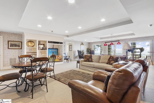 33 Southview Ledge Rd, Landrum, SC 29356 - living room with a tray ceiling, carpet floors, recessed lighting, and wallpapered walls