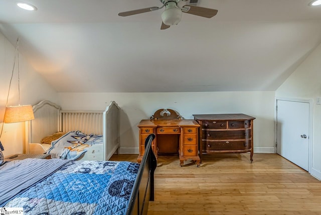 6913 White Horse Rd, Greenville, SC 29611 - bedroom with light wood-type flooring, lofted ceiling, a ceiling fan, and recessed lighting