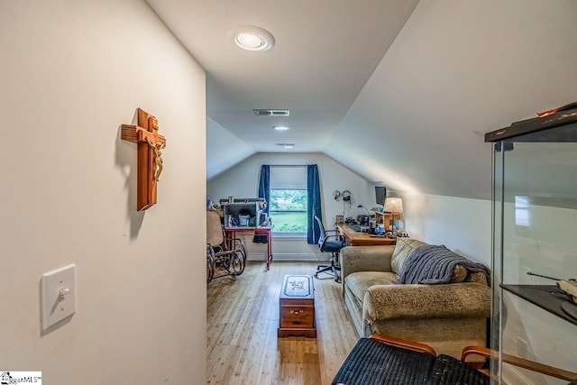6913 White Horse Rd, Greenville, SC 29611 - interior space with an office area, wood finished floors, lofted ceiling, baseboards, and recessed lighting