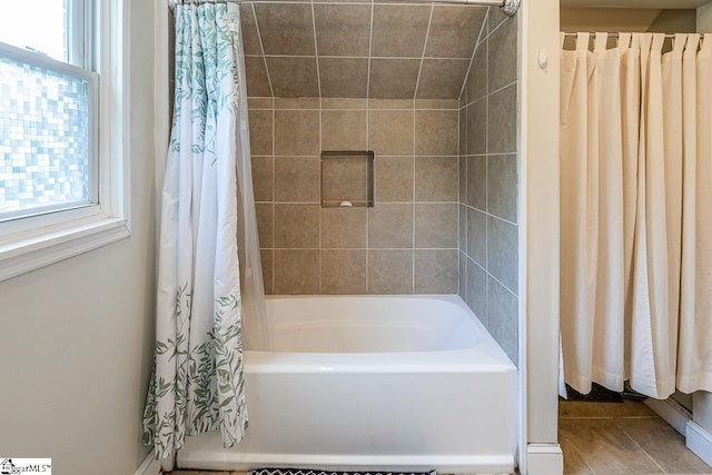 6913 White Horse Rd, Greenville, SC 29611 - bathroom with shower / bathtub combination with curtain and tile patterned floors