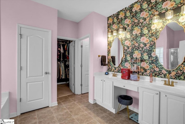 102 Eagle Pass Dr, Taylors, SC 29687 - full bath with wallpapered walls, double vanity, baseboards, an enclosed shower, and tile patterned floors