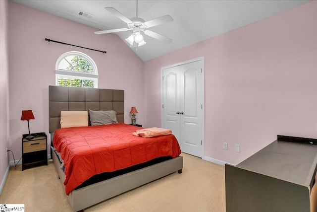 102 Eagle Pass Dr, Taylors, SC 29687 - bedroom with light carpet, vaulted ceiling, baseboards, ceiling fan, and a closet