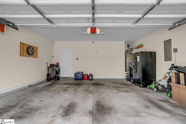102 Eagle Pass Dr, Taylors, SC 29687 - garage with electric panel, water heater, a garage door opener, and black fridge with ice dispenser