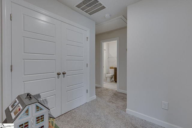 404 Hillrock Ct, Greenville, SC 29617 - recreation room with light colored carpet, baseboards, and attic access