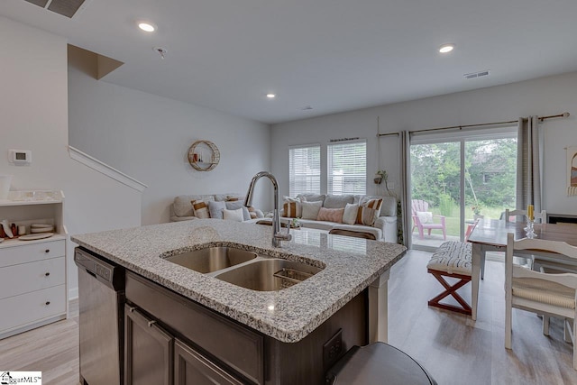 404 Hillrock Ct, Greenville, SC 29617 - kitchen featuring dishwasher, a sink, open floor plan, light wood-style flooring, and recessed lighting