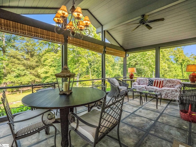 11 Hearthstone Ln, Landrum, SC 29356 - sunroom / solarium featuring lofted ceiling, a ceiling fan, a chandelier, and outdoor dining space