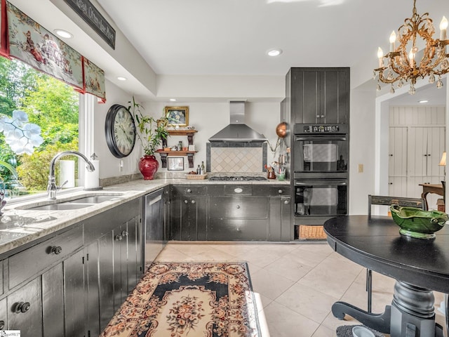 11 Hearthstone Ln, Landrum, SC 29356 - kitchen with appliances with stainless steel finishes, island range hood, light tile patterned flooring, a chandelier, and tasteful backsplash
