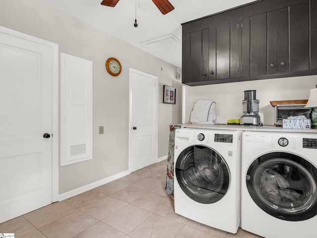 11 Hearthstone Ln, Landrum, SC 29356 - washroom featuring cabinet space, washer and dryer, attic access, ceiling fan, and light tile patterned floors