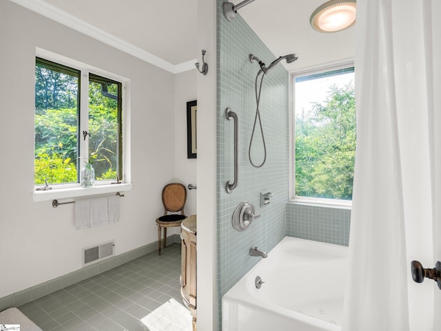 11 Hearthstone Ln, Landrum, SC 29356 - bathroom with shower / tub combo with curtain, healthy amount of natural light, tile patterned flooring, ornamental molding, and vanity