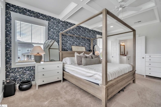 706 Torridon Ln, Simpsonville, SC 29681 - carpeted bedroom with wallpapered walls and beamed ceiling