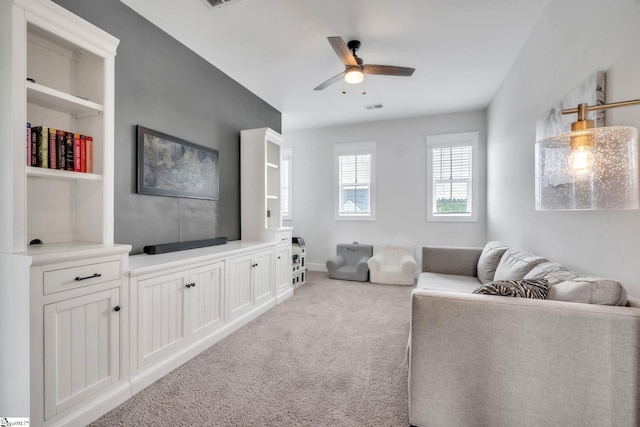 706 Torridon Ln, Simpsonville, SC 29681 - living room featuring a ceiling fan, light carpet, and baseboards