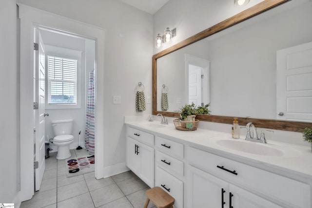706 Torridon Ln, Simpsonville, SC 29681 - full bathroom with tile patterned floors, double vanity, toilet, baseboards, and a shower with curtain