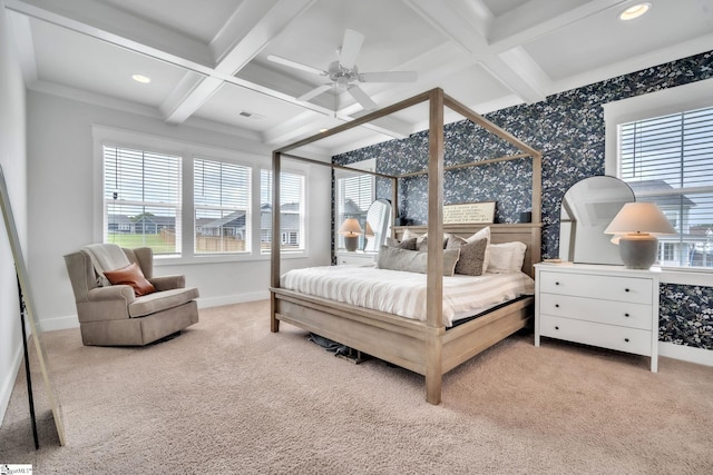 706 Torridon Ln, Simpsonville, SC 29681 - carpeted bedroom with coffered ceiling, wallpapered walls, baseboards, beam ceiling, and a ceiling fan