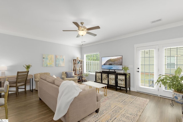 219 Button Willow St, Taylors, SC 29687 - living area with ceiling fan, wood finished floors, and crown molding