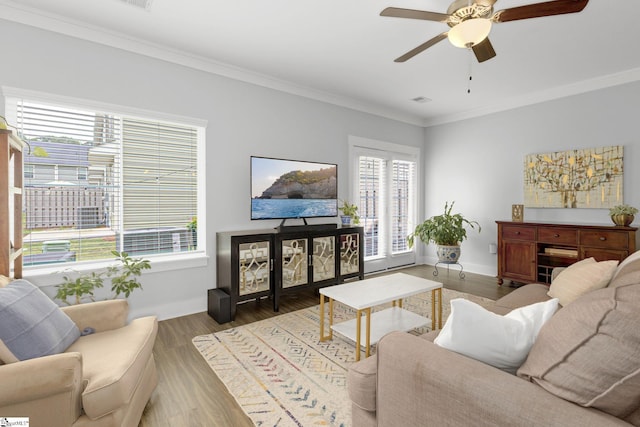 219 Button Willow St, Taylors, SC 29687 - living room featuring a ceiling fan, crown molding, wood finished floors, and baseboards