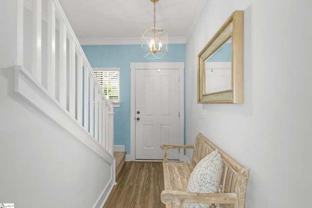 219 Button Willow St, Taylors, SC 29687 - foyer entrance with a chandelier, wood finished floors, stairs, ornamental molding, and baseboards