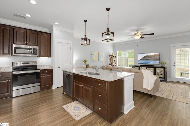 219 Button Willow St, Taylors, SC 29687 - kitchen with appliances with stainless steel finishes, a sink, crown molding, dark wood finished floors, and a ceiling fan