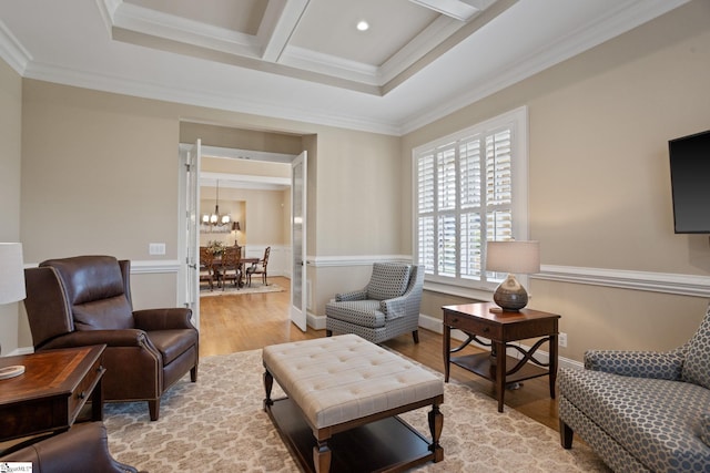 105 Hampton Grove Way, Greenville, SC 29617 - living area with light wood-type flooring, a chandelier, coffered ceiling, beamed ceiling, and crown molding