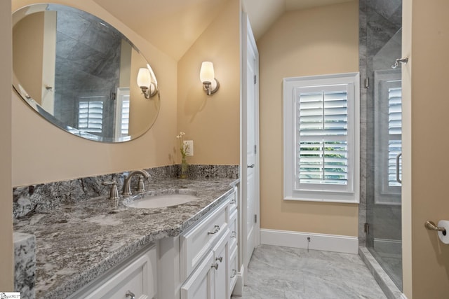 105 Hampton Grove Way, Greenville, SC 29617 - full bathroom with marble look tile flooring, vanity, baseboards, lofted ceiling, and a shower stall