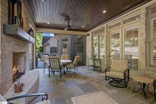 105 Hampton Grove Way, Greenville, SC 29617 - view of patio / terrace with an outdoor brick fireplace, outdoor dining area, and ceiling fan