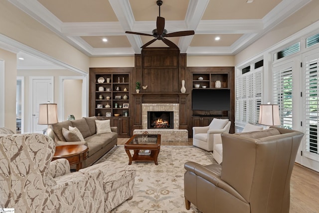 105 Hampton Grove Way, Greenville, SC 29617 - living room featuring a ceiling fan, ornamental molding, beam ceiling, coffered ceiling, and a fireplace