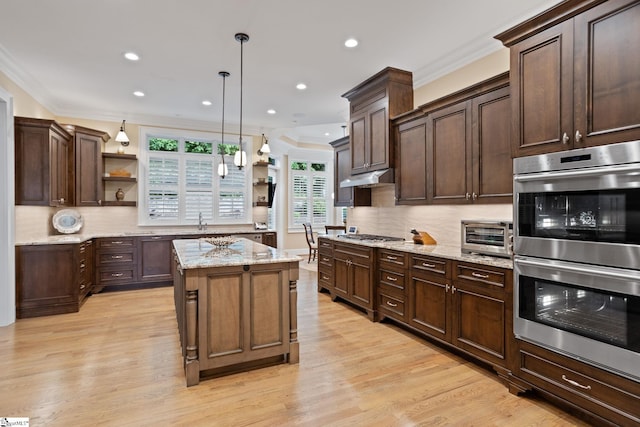 105 Hampton Grove Way, Greenville, SC 29617 - kitchen with stainless steel double oven, open shelves, ornamental molding, recessed lighting, and backsplash