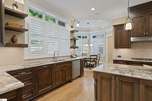 105 Hampton Grove Way, Greenville, SC 29617 - kitchen featuring open shelves, a sink, stainless steel appliances, under cabinet range hood, and crown molding