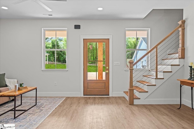 148 Duncan Chapel Rd, Greenville, SC 29617 - foyer featuring wood finished floors, baseboards, recessed lighting, stairway, and a ceiling fan