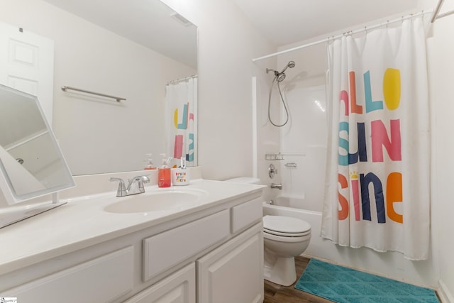 835 Terrace Creek Dr, Duncan, SC 29334 - bathroom with vanity, toilet, shower / tub combo with curtain, and wood finished floors