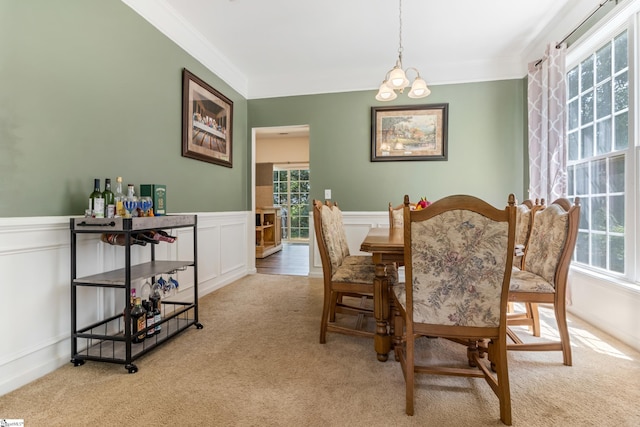 835 Terrace Creek Dr, Duncan, SC 29334 - dining room featuring carpet floors, ornamental molding, and a wainscoted wall