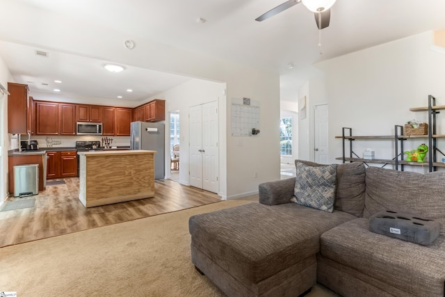 835 Terrace Creek Dr, Duncan, SC 29334 - living area with light colored carpet, a ceiling fan, baseboards, recessed lighting, and light wood-style flooring