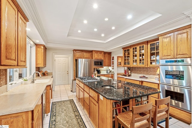 120 Thornblade Blvd, Greer, SC 29650 - kitchen featuring appliances with stainless steel finishes, a tray ceiling, an island with sink, a sink, and light tile patterned floors