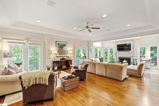 120 Thornblade Blvd, Greer, SC 29650 - living area featuring ceiling fan, light wood-type flooring, a raised ceiling, a warm lit fireplace, and recessed lighting