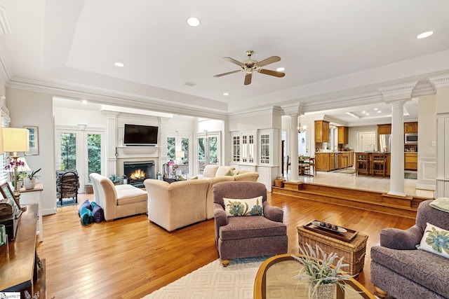 120 Thornblade Blvd, Greer, SC 29650 - living area featuring a raised ceiling, decorative columns, light wood finished floors, ceiling fan, and a warm lit fireplace