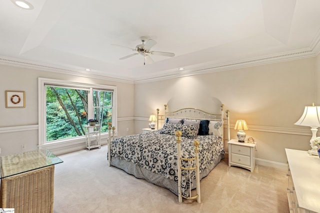 120 Thornblade Blvd, Greer, SC 29650 - bedroom featuring a raised ceiling, light carpet, crown molding, ceiling fan, and recessed lighting
