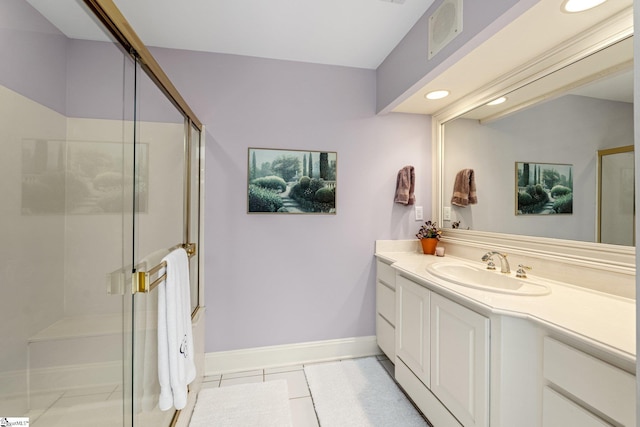 120 Thornblade Blvd, Greer, SC 29650 - full bathroom with tile patterned flooring, vanity, a shower stall, recessed lighting, and baseboards