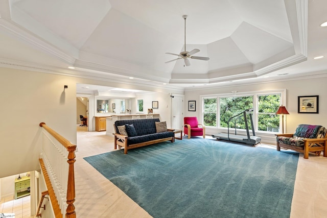 120 Thornblade Blvd, Greer, SC 29650 - living room with a ceiling fan, a raised ceiling, crown molding, recessed lighting, and light colored carpet