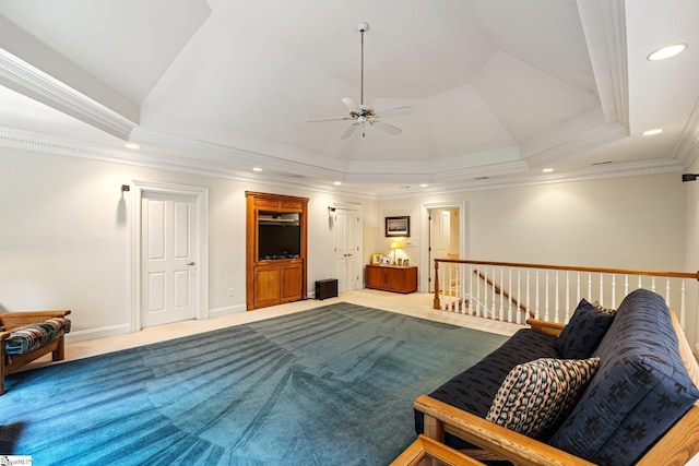 120 Thornblade Blvd, Greer, SC 29650 - living room featuring a ceiling fan, carpet flooring, recessed lighting, ornamental molding, and baseboards