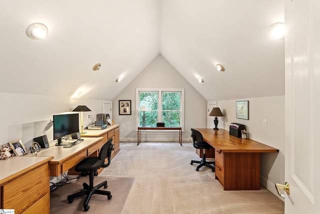 120 Thornblade Blvd, Greer, SC 29650 - home office featuring light carpet, lofted ceiling, and baseboards