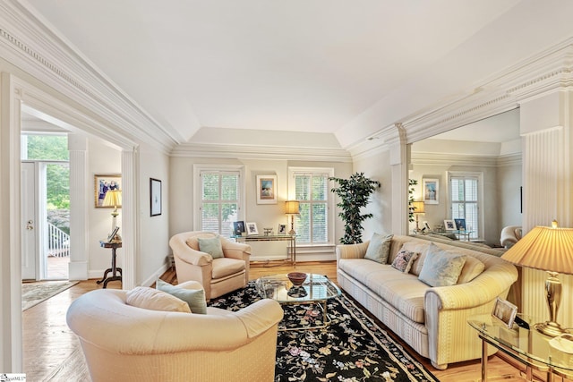 120 Thornblade Blvd, Greer, SC 29650 - living area featuring a raised ceiling, light wood-type flooring, crown molding, and baseboards